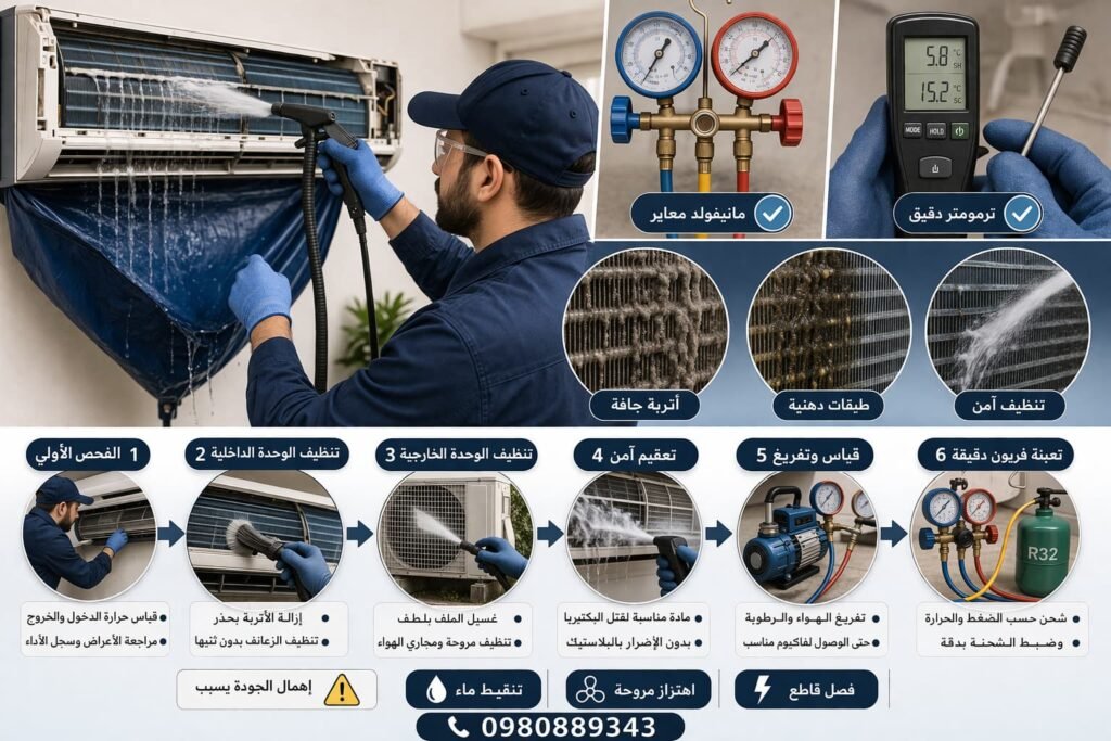 العوامل المؤثرة في جودة تنظيف مكيفات وتعبئة فريون وأثرها على أداء الجهاز جودة النتيجة لا ترتبط بوقت العمل فقط، بل بنوع الأوساخ ومسارها وبمدى ضبط الأدوات المستخدمة لقياس الضغط والحرارة. بعض المكيفات تتسخ على الملف بشكل طبقات دهنية، وأخرى تتراكم عليها أتربة جافة، وكل حالة تحتاج طريقة مختلفة لتجنب ثني الزعانف أو دفع الأوساخ للداخل. طريقة غسيل المكيفات المنزلية: الضغط العالي غير المنضبط قد يفتح مسارات تسريب ماء أو يضر الزعانف. تعقيم وتنظيف وحدات التكييف: مهم عند الروائح، لكن الإفراط بالمواد قد يؤثر على البلاستيك والحساسات. أدوات القياس: مانيفولد غير معاير أو ترمومتر غير دقيق يعطي قرارًا خاطئًا حول الشحنة. إذا أُهملت هذه العوامل قد تظهر أعراض جديدة مثل تنقيط ماء أو اهتزاز مروحة أو فصل قاطع، بينما يظن المستخدم أن المشكلة كانت فقط نقص شحنة. في هذه المرحلة يصبح تغسيل مكيفات وشحن فريون قرارًا مرتبطًا بجودة خطوات التنفيذ وليس بمجرد القيام به. من هنا يصبح تنفيذ هذا الإجراء ضمن خبرة شركة الخبراء لضمان أداء متوازن.