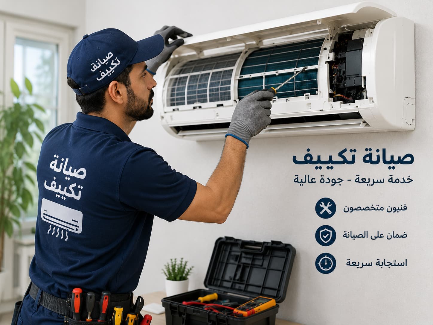 فني صيانة تكييف محترف يقوم بفحص وإصلاح وحدة التكييف لضمان كفاءة التشغيل وتقديم أفضل أداء تبريد مع خدمة سريعة وموثوقة.