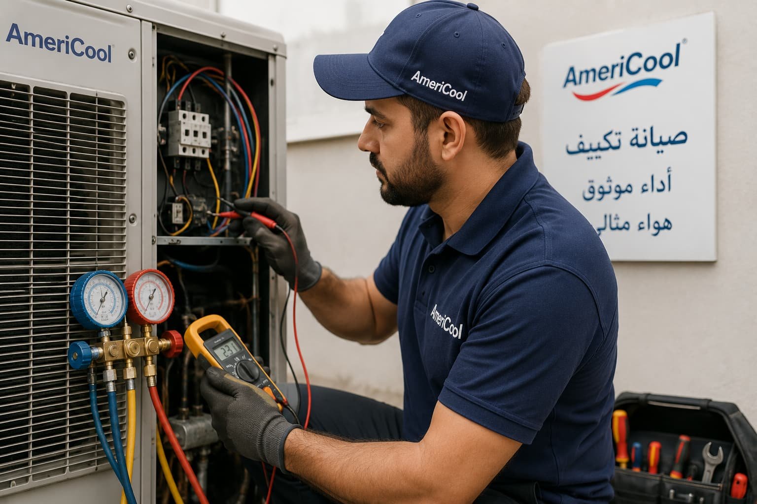 فني صيانة تكييف محترف يجري فحصًا دقيقًا لوحدة التكييف باستخدام أجهزة القياس المتخصصة لضمان كفاءة التشغيل واكتشاف الأعطال بدقة قبل تنفيذ الإصلاح.