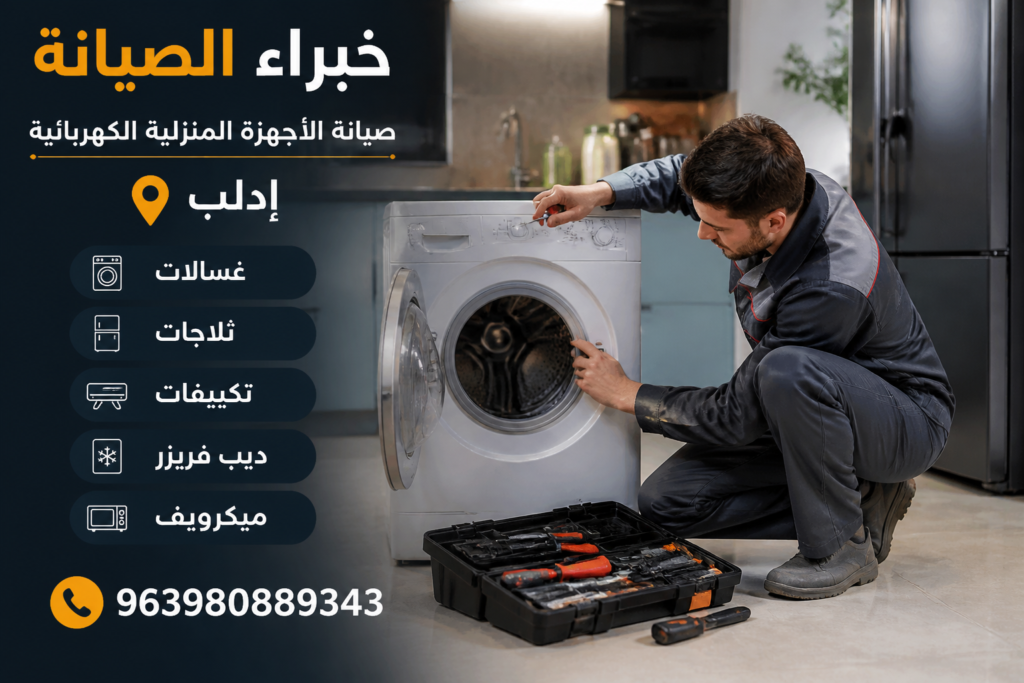 "فني صيانة متخصص يقوم بإصلاح الأجهزة المنزلية في بيئة نظيفة ومتطورة، مع تسليط الضوء على خدمات الصيانة المختلفة."
