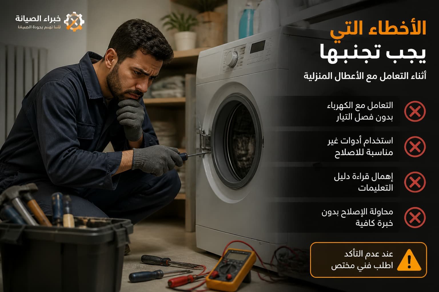فني صيانة يركز على إصلاح جهاز منزلي مع رموز تحذيرية توضح الأخطاء الشائعة لتجنبها أثناء العمل