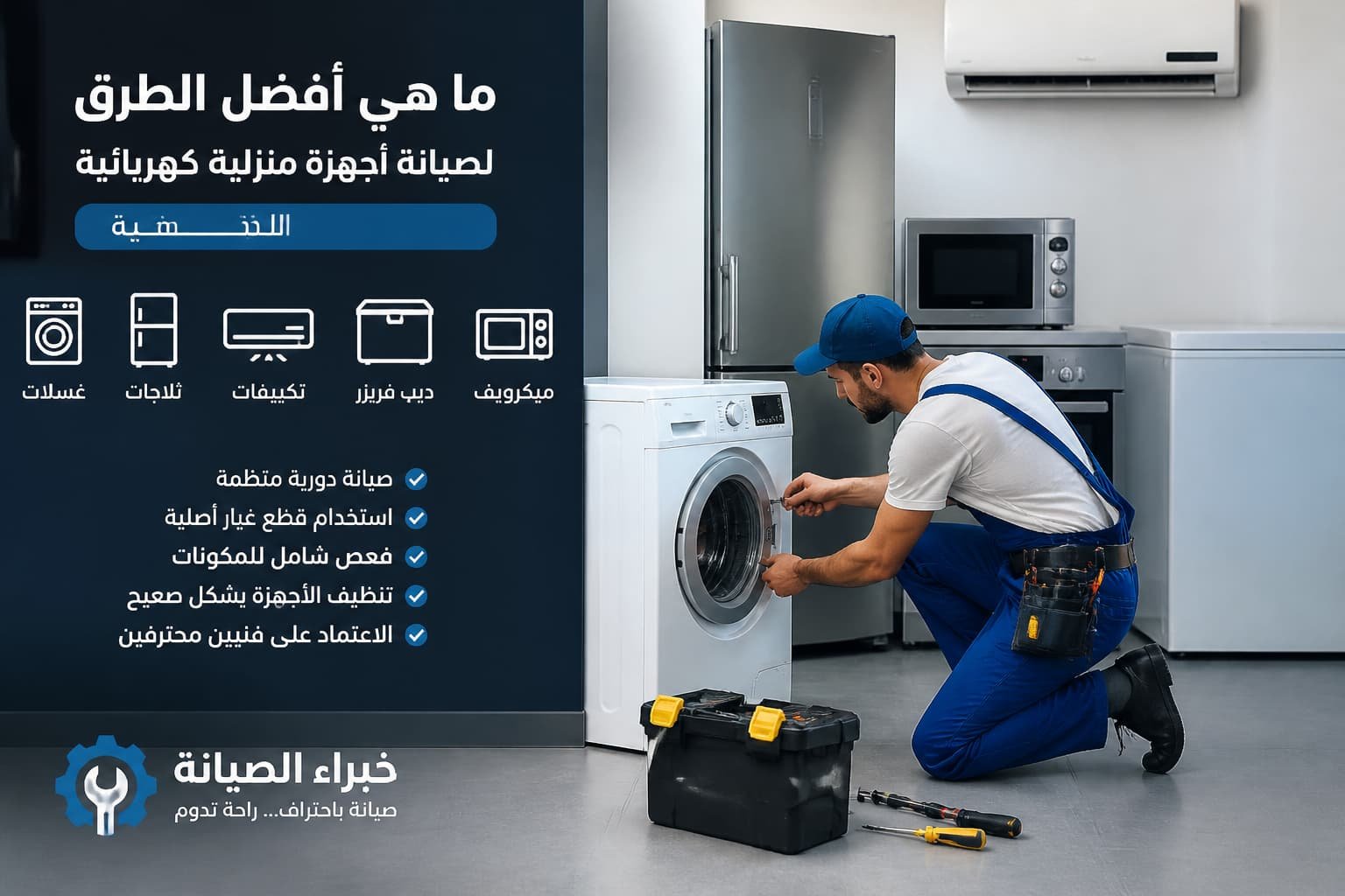فني صيانة محترف يصلح الأجهزة الكهربائية داخل مطبخ عصري مجهز بالأدوات اللازمة بطريقة منظمة وواقعي