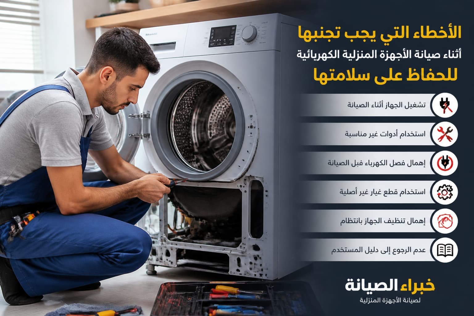 فني صيانة محترف يعمل بدقة على إصلاح غسالة كهربائية مع اتباع إجراءات السلامة.