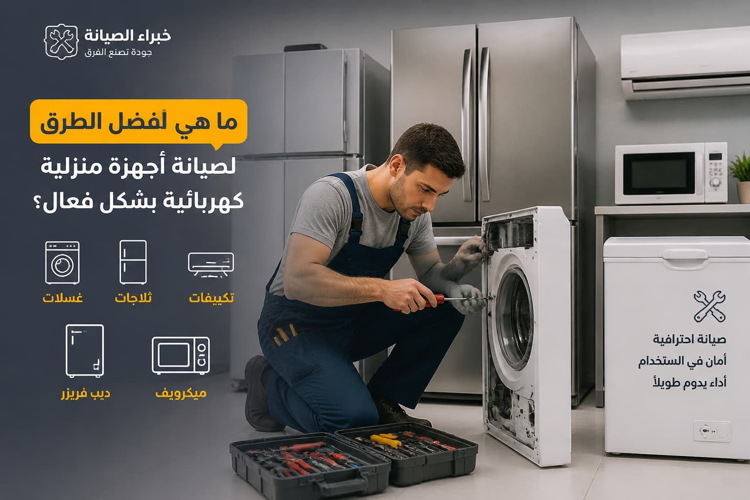 فني محترف يقوم بإصلاح الأجهزة الكهربائية في ورشة مجهزة بأدوات حديثة وإضاءة طبيعية.