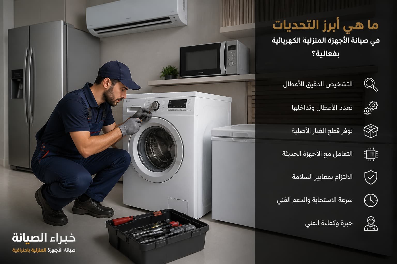 فني صيانة محترف يصلح الأجهزة الكهربائية المنزلية بدقة ومهارة داخل مطبخ حديث.