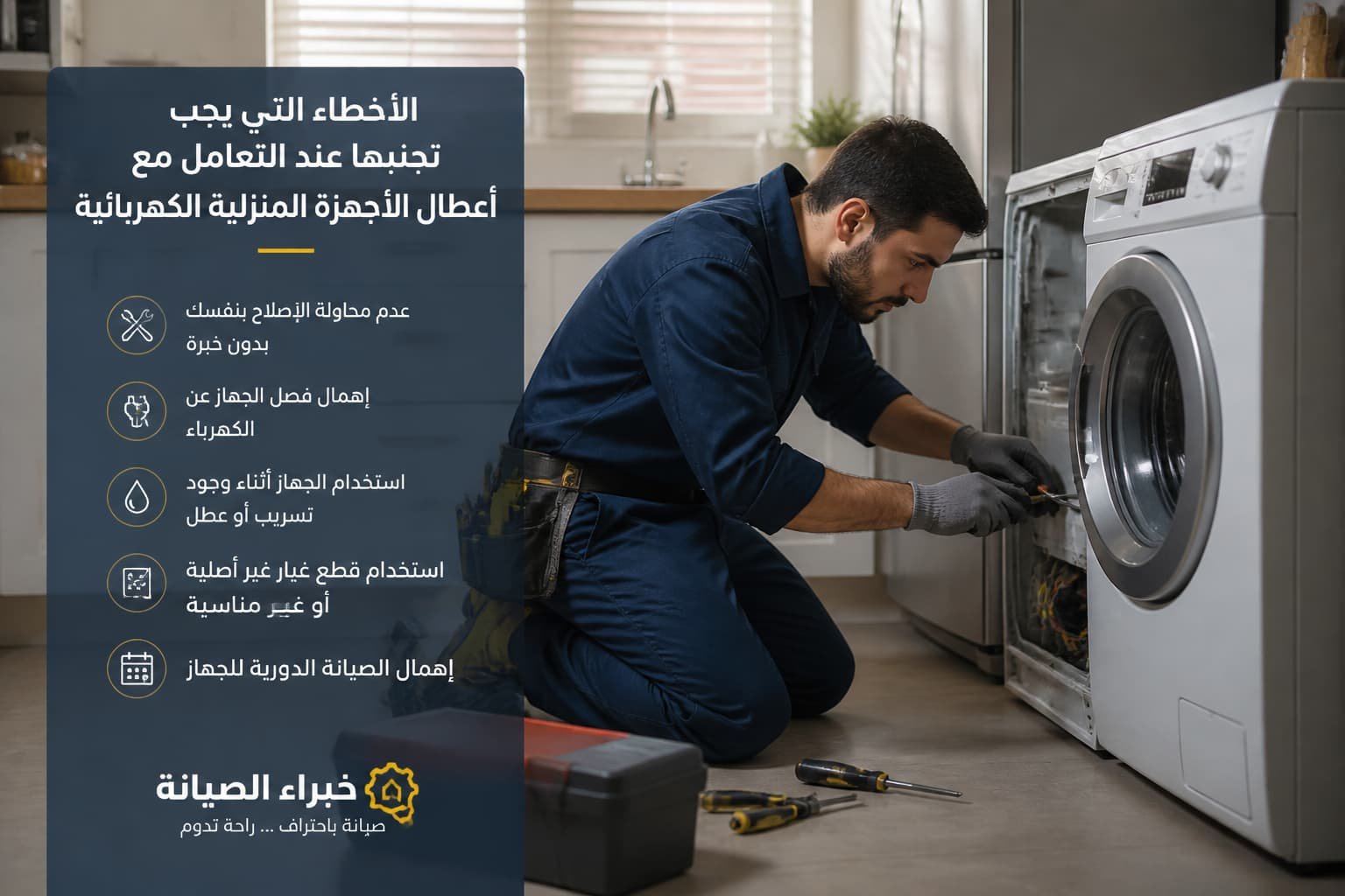 فني صيانة محترف يقوم بإصلاح الأجهزة الكهربائية المنزلية بدقة وحذر في مطبخ حديث.