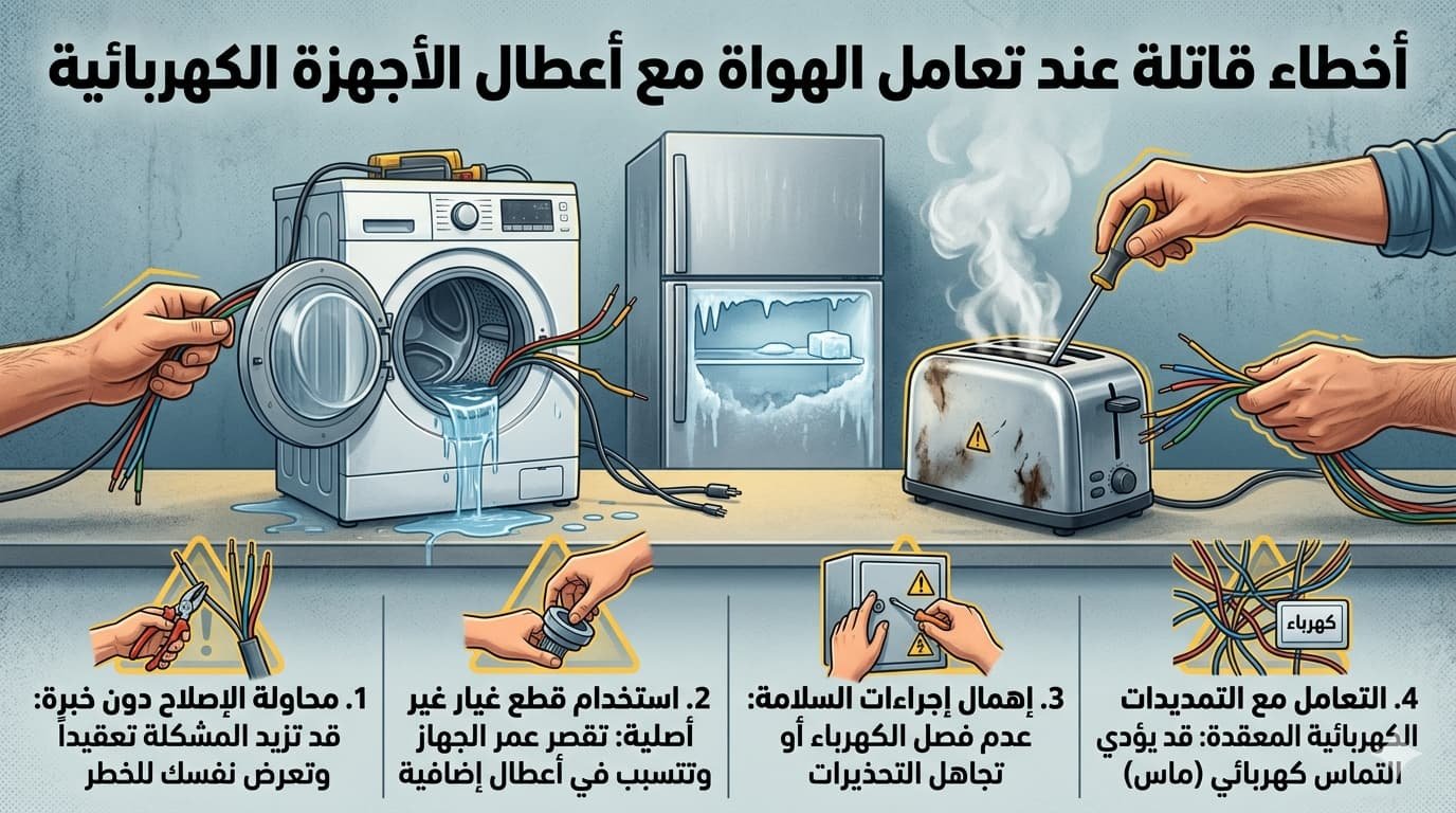 دليل بصري يوضح مخاطر التصليح العشوائي للأجهزة المنزلية وضرورة الحذر من الأخطاء التقنية الشائعة.