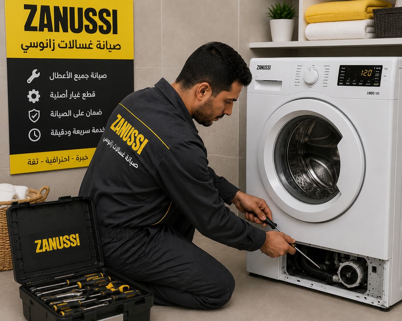 فني صيانة غسالات زانوسي محترف يوفر خدمات الكشف والإصلاح السريع لجميع الأعطال باستخدام أحدث المعدات لضمان أفضل أداء وكفاءة للغسالة.