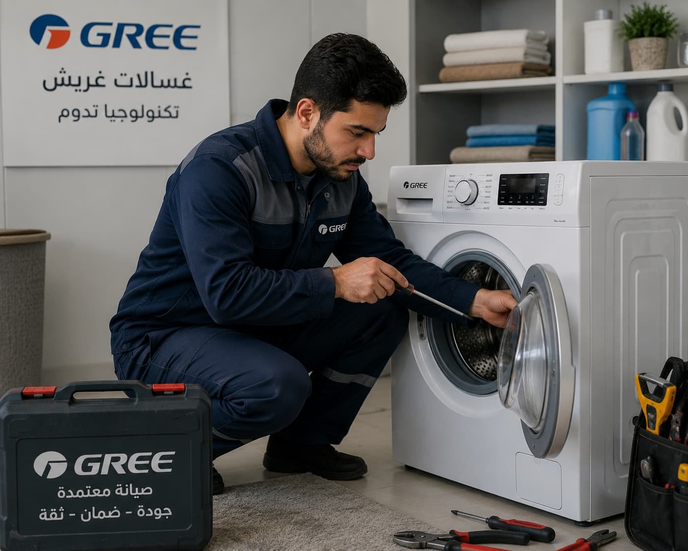 فني صيانة محترف يقوم بإصلاح غسالة فريش باستخدام أدوات متخصصة داخل بيئة عمل منظمة وآمنة.