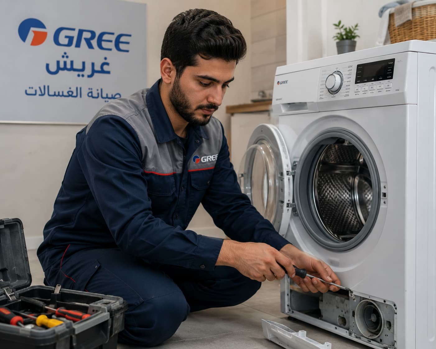 فني صيانة غسالات فريش محترف يقوم بفحص وإصلاح الغسالة بدقة داخل منزل العميل باستخدام أحدث الأدوات لضمان أفضل أداء وجودة خدمة.