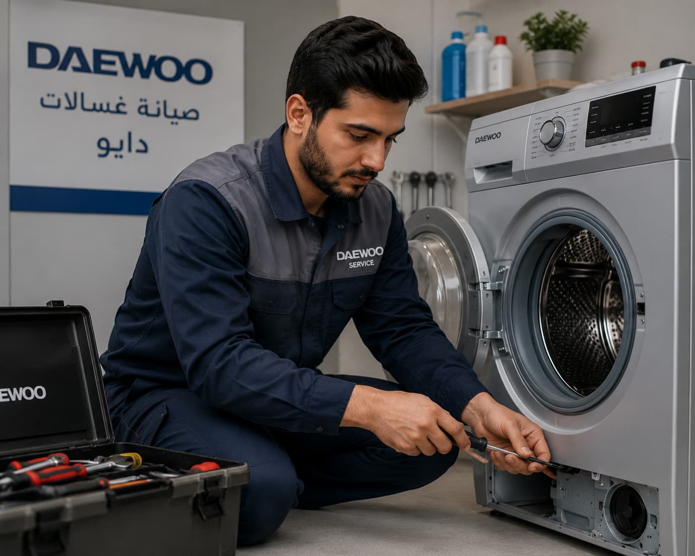 فني صيانة غسالات دايو محترف يقوم بفحص وإصلاح الغسالة بدقة باستخدام أحدث الأدوات لضمان أفضل أداء وكفاءة.