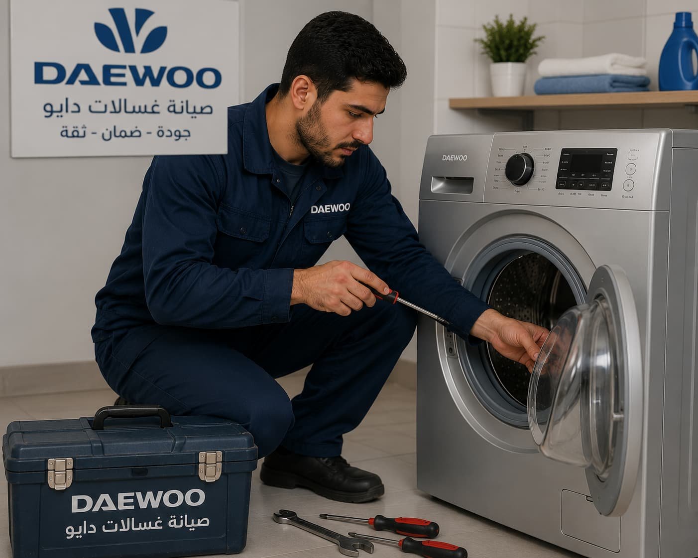 فني صيانة غسالات دايو متخصص يقوم بفحص وإصلاح الأعطال بكفاءة عالية باستخدام أدوات احترافية لضمان أفضل أداء للغسالة.