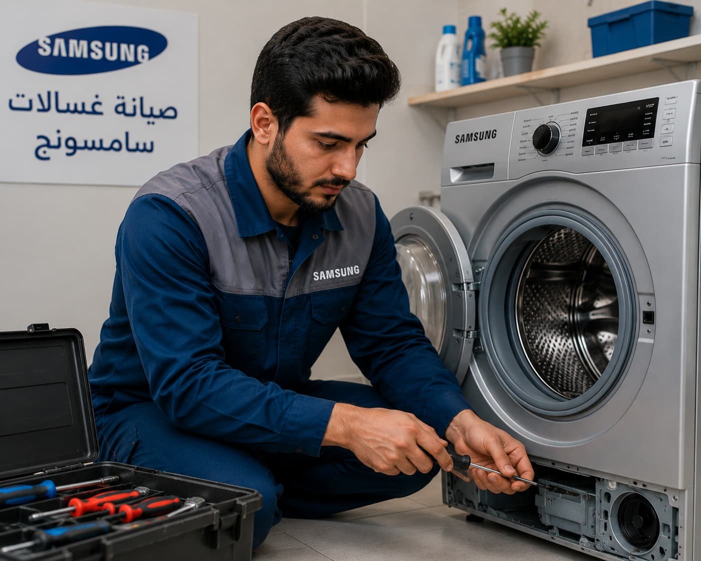 فني صيانة غسالات سامسونج متخصص في تشخيص الأعطال وإصلاحها بكفاءة عالية لضمان عودة الغسالة للعمل بأفضل أداء.