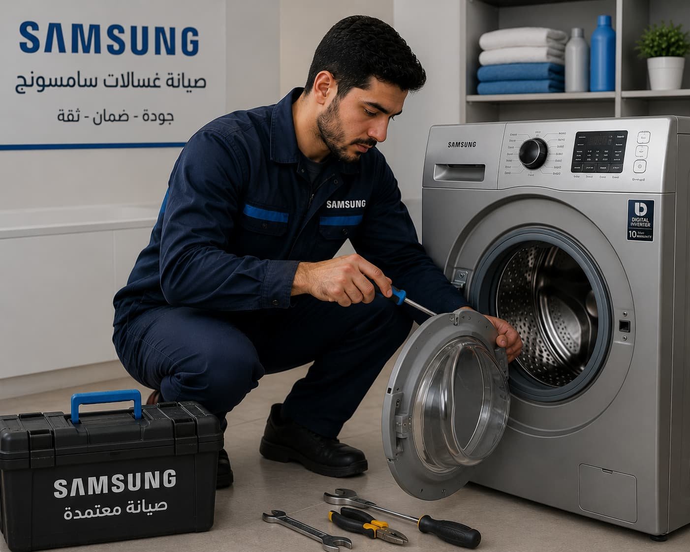 فني صيانة غسالات سامسونج محترف يقدم خدمات فحص وإصلاح الأعطال بدقة وسرعة لضمان عودة الغسالة للعمل بأعلى كفاءة.