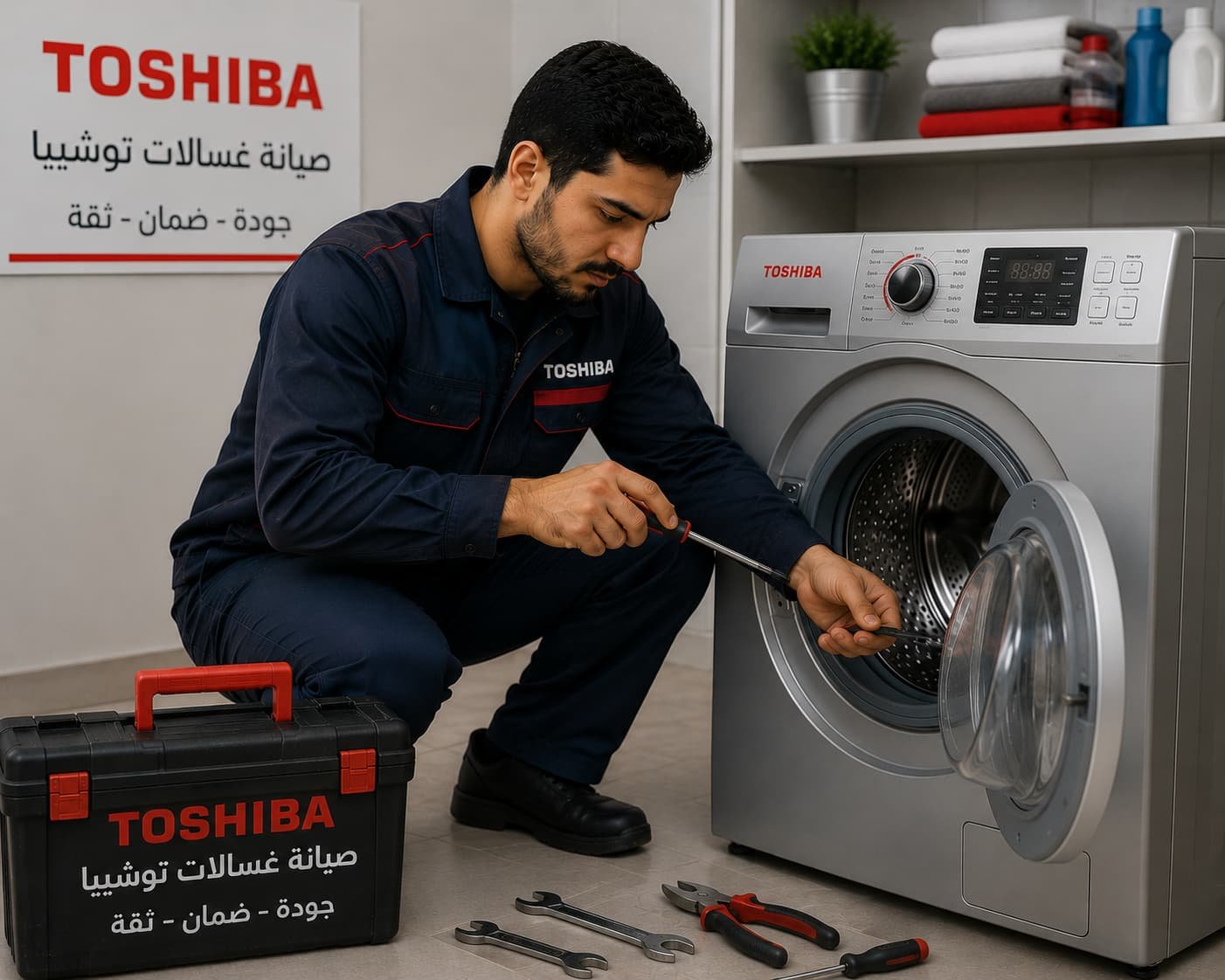 فني صيانة غسالات توشيبا محترف يقدم خدمات الكشف والإصلاح السريع باستخدام أحدث الأدوات لضمان تشغيل الغسالة بكفاءة وأداء مثالي.