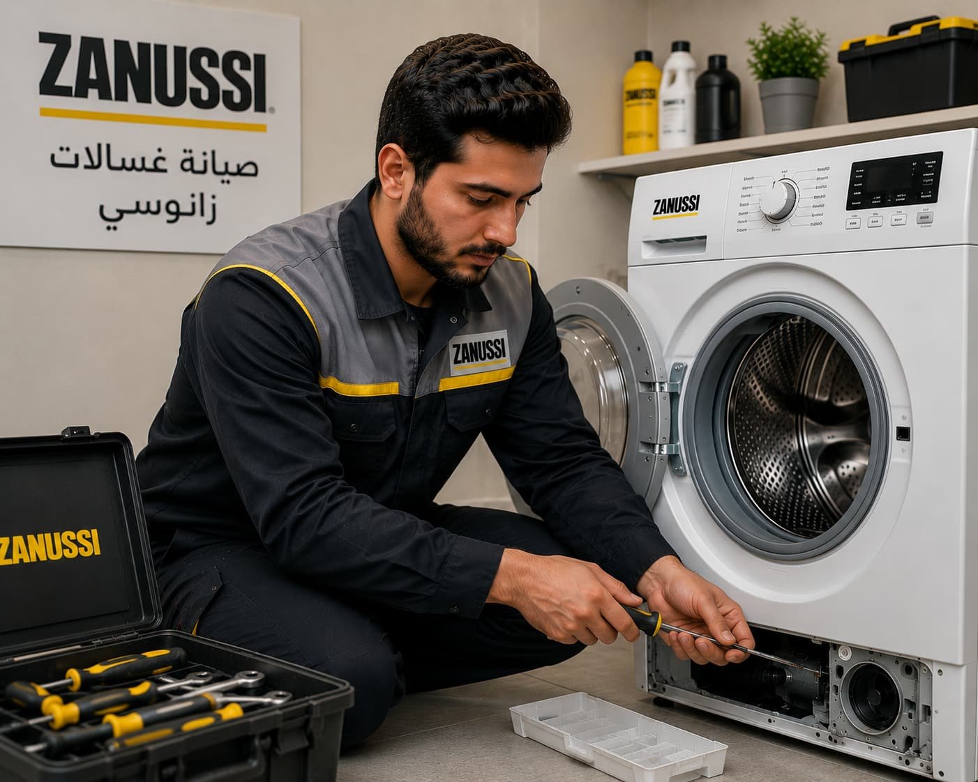 فني صيانة غسالات زانوسي محترف يقدم خدمات إصلاح سريعة ودقيقة باستخدام أحدث الأدوات لضمان أفضل أداء للغسالة.