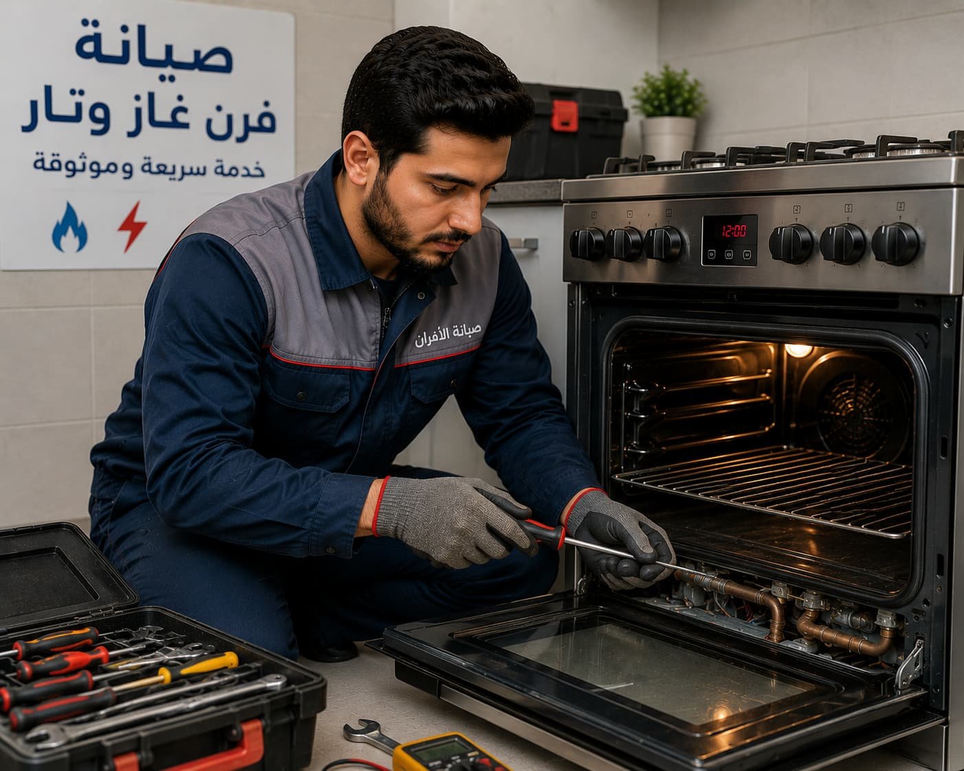 فني صيانة أفران الغاز متخصص في إصلاح الأعطال وضبط الأداء بكفاءة عالية لضمان تشغيل آمن ونتائج طهي مثالية.