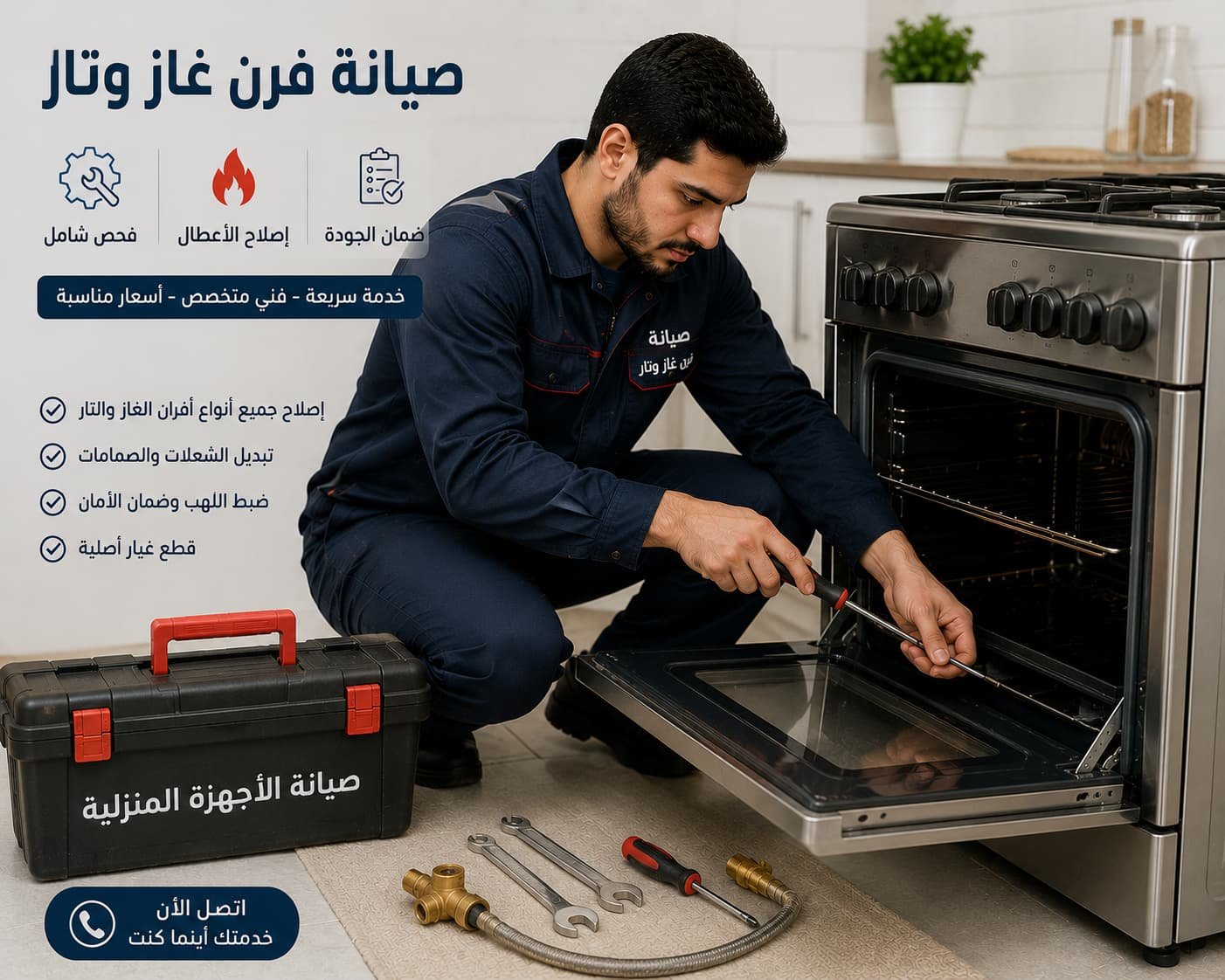 فني صيانة أفران غاز وتار متخصص في إصلاح الأعطال وتركيب قطع الغيار الأصلية، مع خدمة سريعة تضمن الأمان وكفاءة التشغيل العالية.