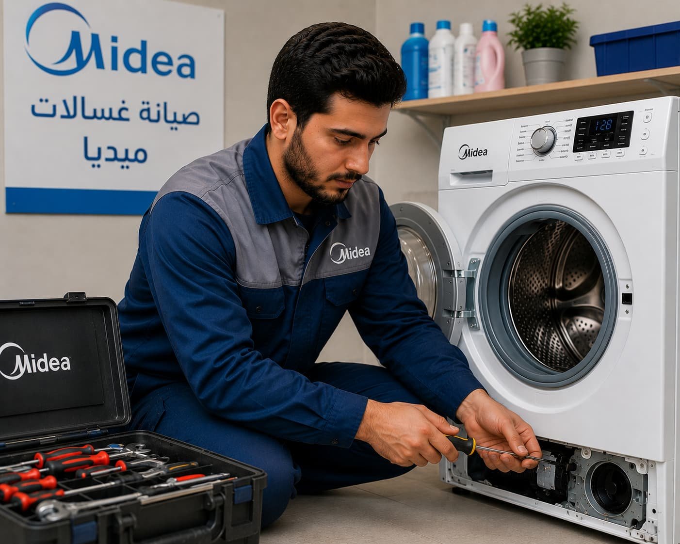 فني صيانة غسالات ميديا متخصص في تشخيص الأعطال وإصلاحها بكفاءة عالية لضمان تشغيل الغسالة بأفضل أداء وجودة.